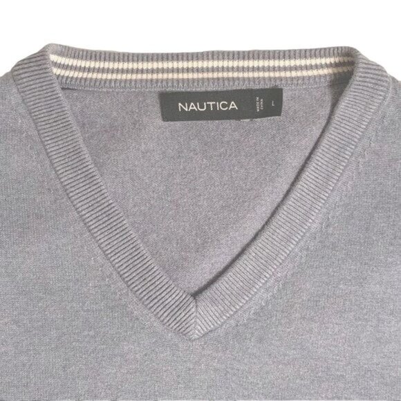 Nautica V-Neck Pullover Sweater Anchor Blue Heather Size Large Logo Stretch Knit - Picture 4 of 10